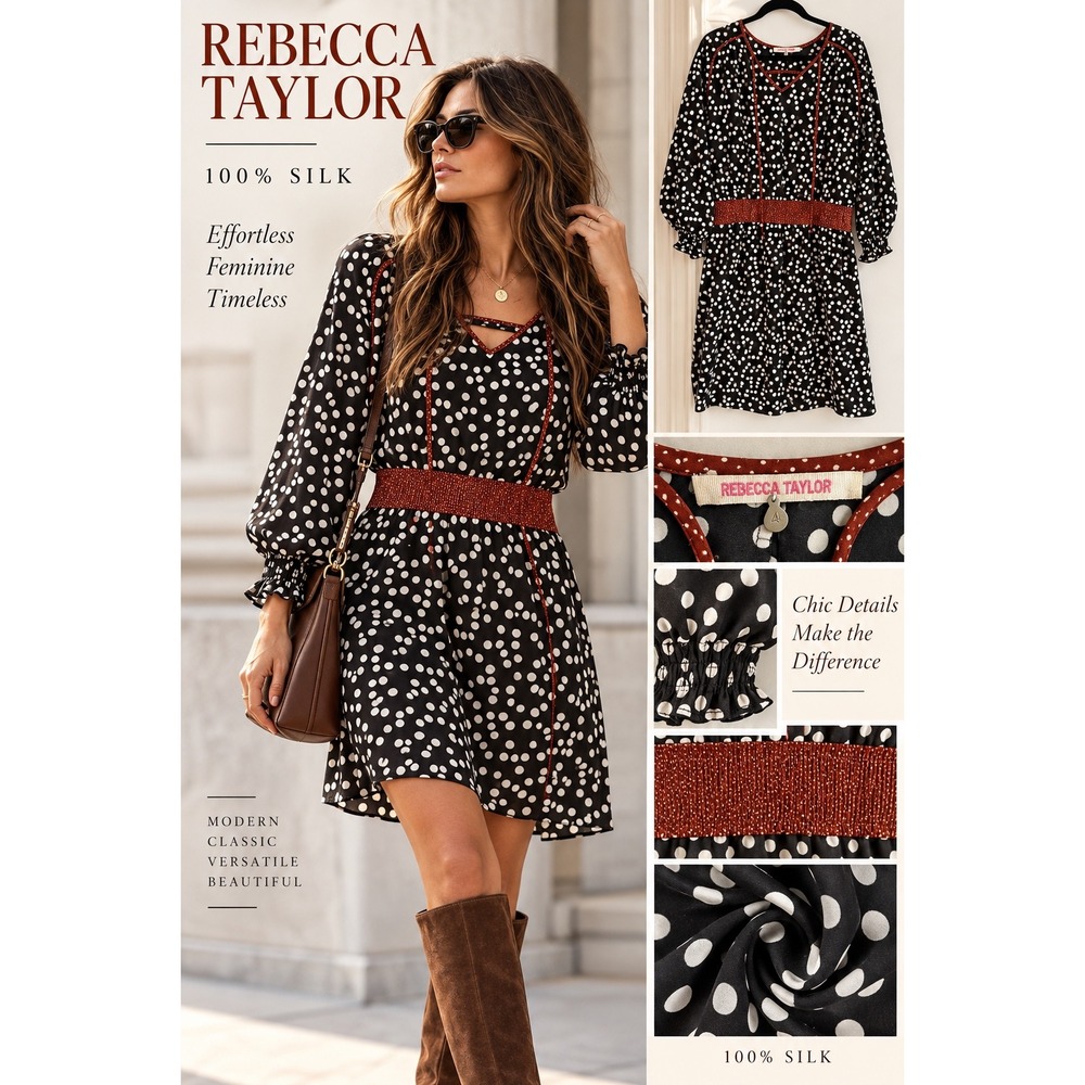 Rebecca Taylor 100% Silk Polka Dot Dress Size 4 Contrast Trim Boho Mod